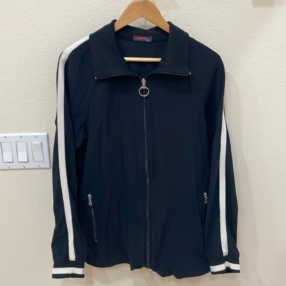 Prada Black W/Stripes Zippered Jacket—GORGEOUS! Beautiful Fabric! Like New! XL - Picture 1 of 11